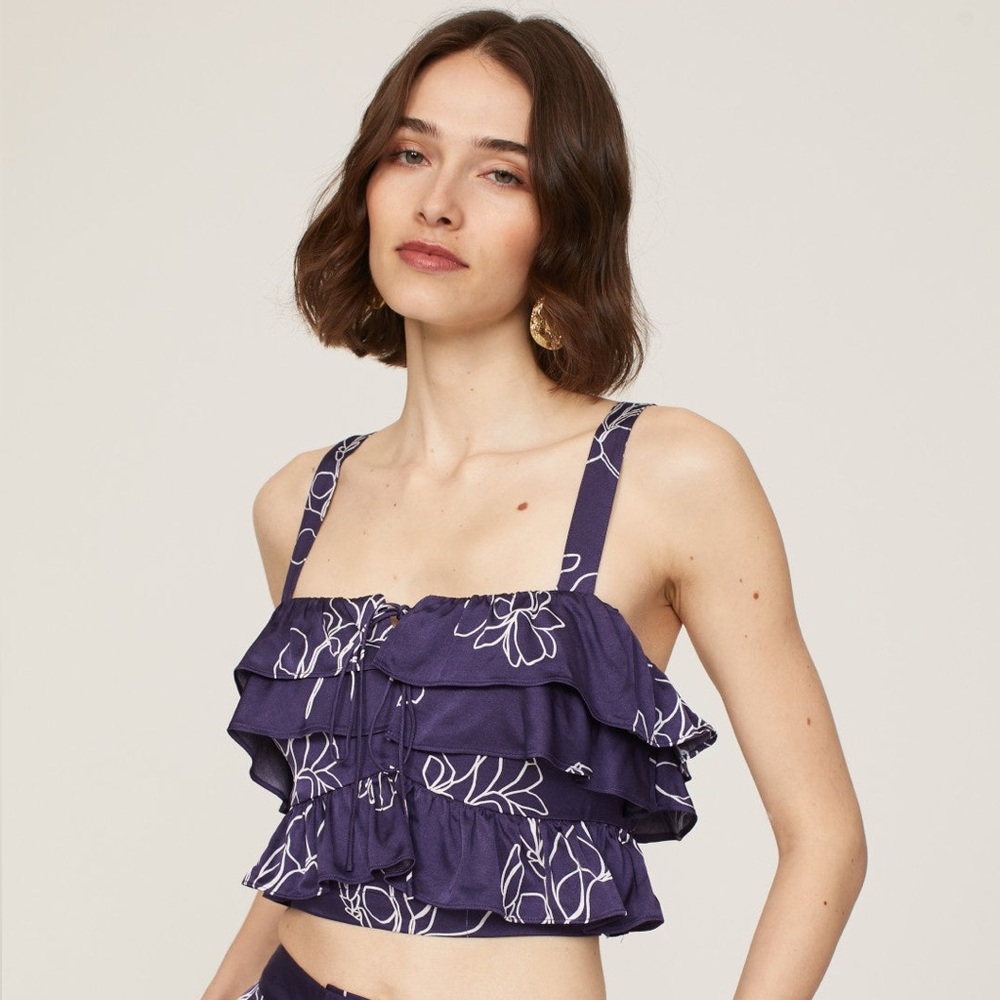 JASON WU Ruffle Satin Crop Top Size 0 Purple Floral Cottagecore Resortwear Party